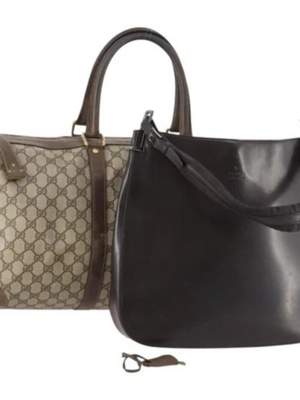 GUCCI GG Supreme Hand Bag Leather 2 Set Black Beige Auth 173983